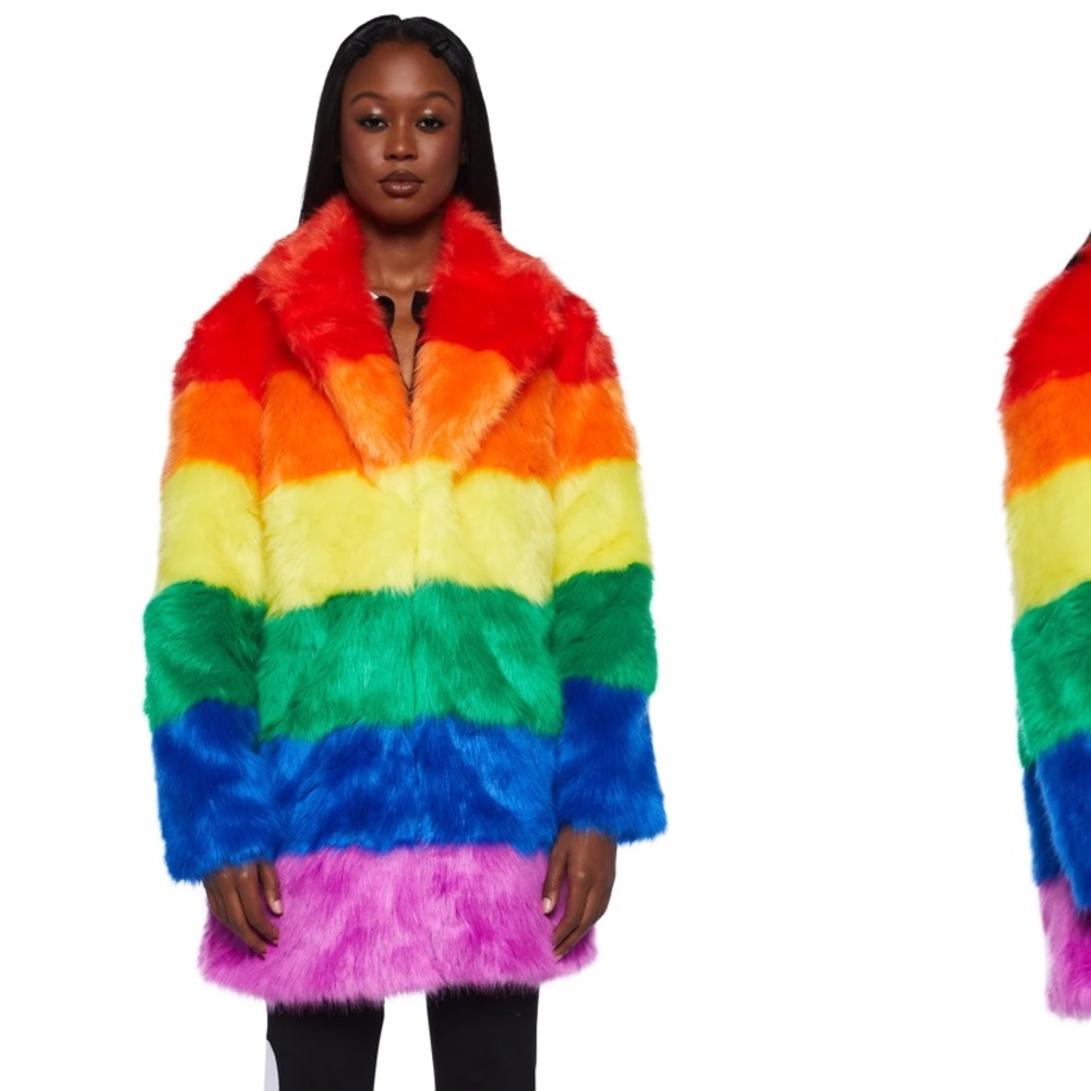 Rainbow faux fur button down jacket